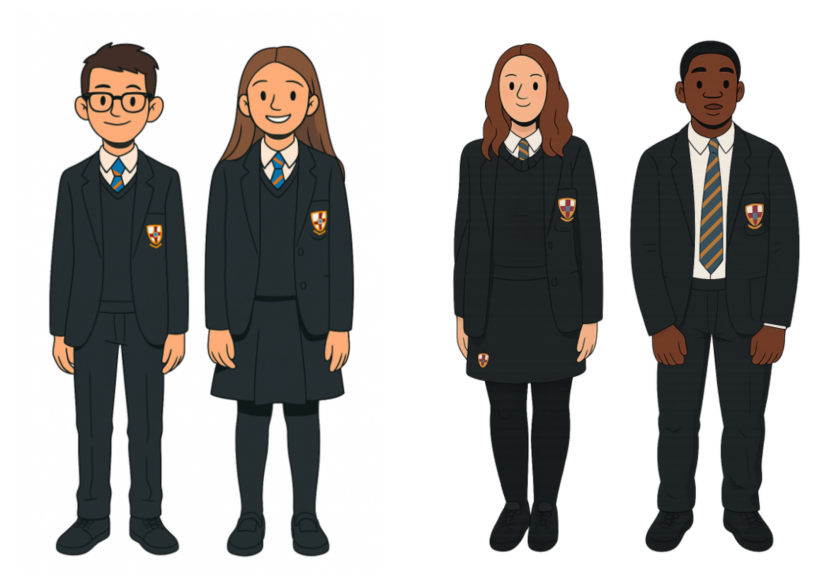 Four cartoon characters wearing King Edward VI School Uniform 
